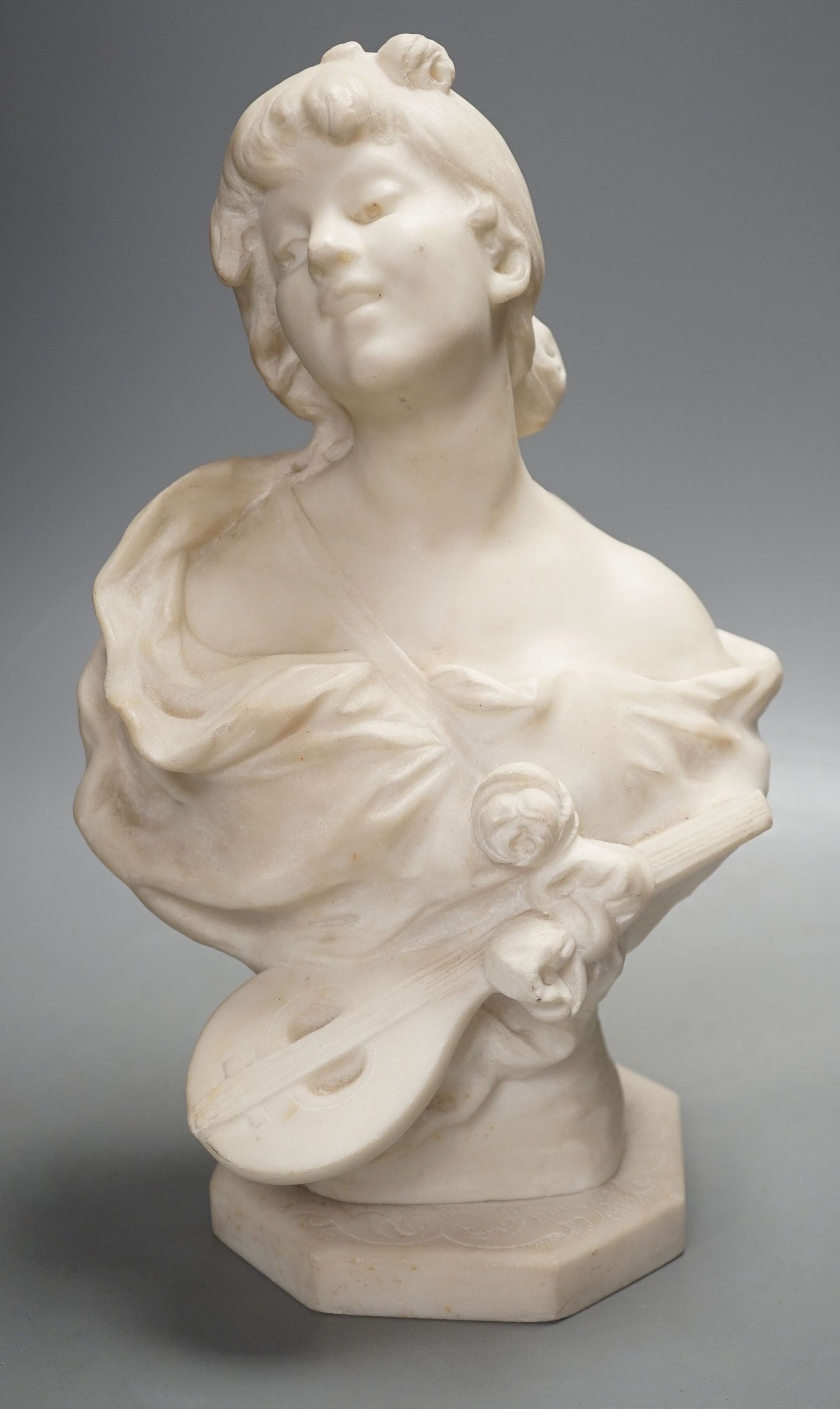 Auguste Moreau (1834-1917) marble bust of a lady, retailers mark for Atelier Merlini, signed , 35 cms high